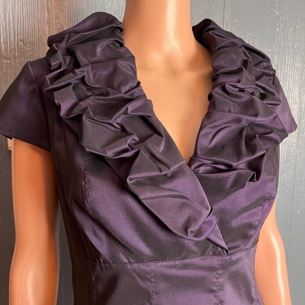 Adrianna Papell Purple Ruffled Neck Cocktail Midi Dress 10 Empire Waist Elegant - Picture 2 of 7